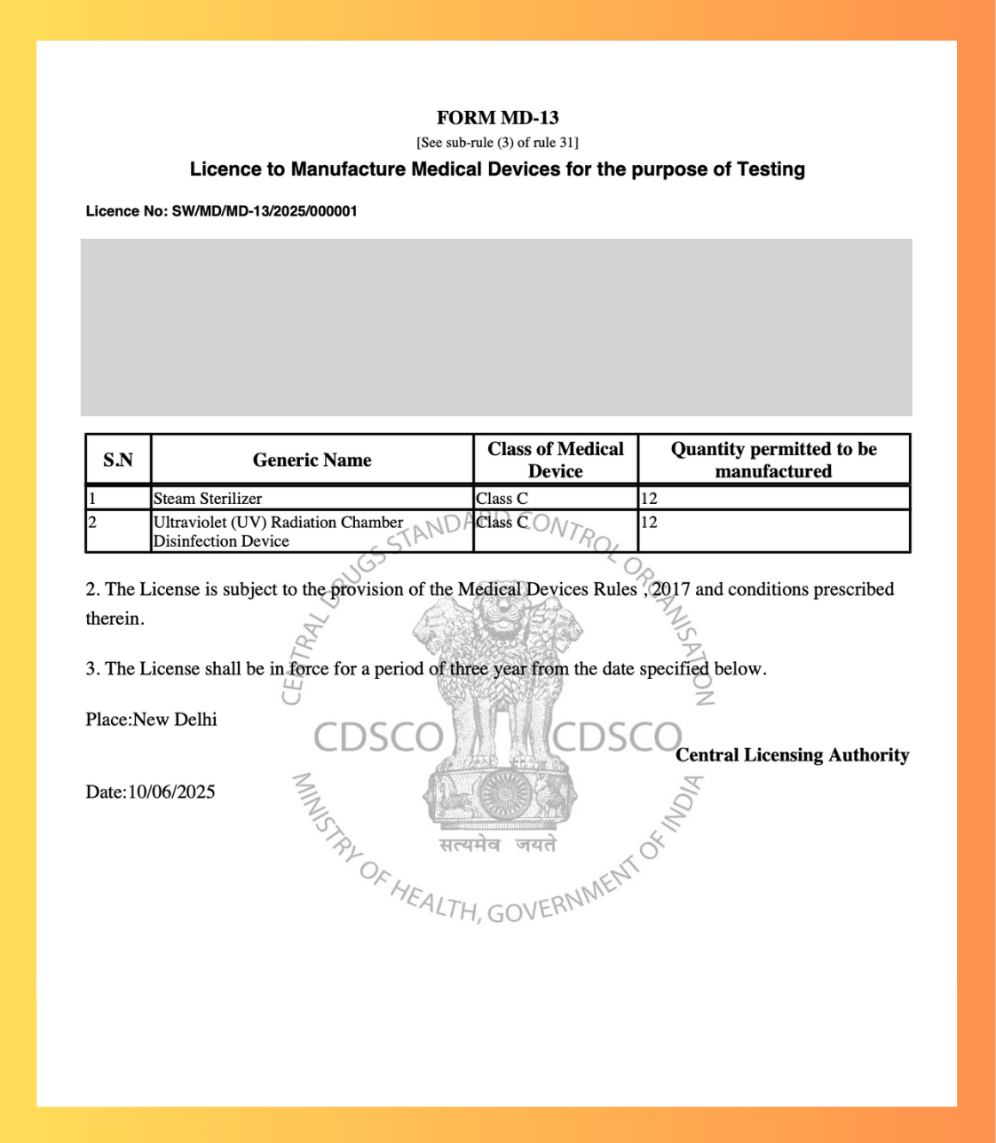 CDSCO MD-13 Test License