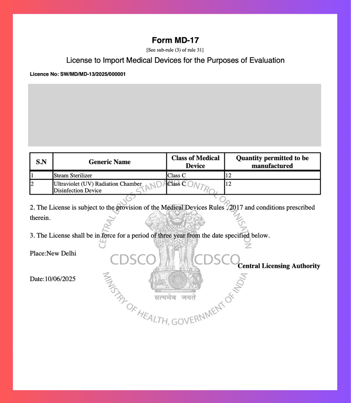 CDSCO MD-17 Import Test License